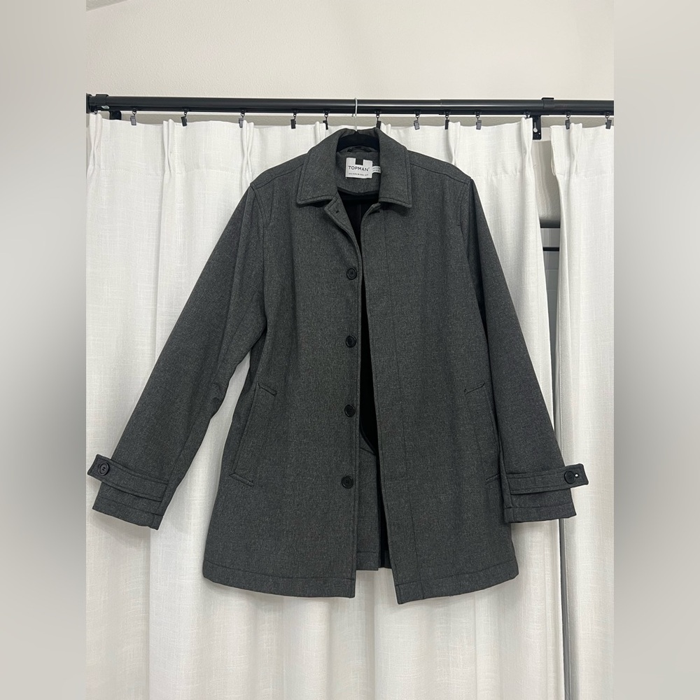 Men's TopMan Dark Gray Button Front Trench Coat
